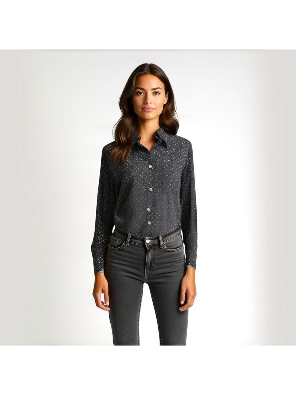 Women's Solitaire Black & White Patterned Collared Button-up Blouse Size S New - Picture 2 of 13